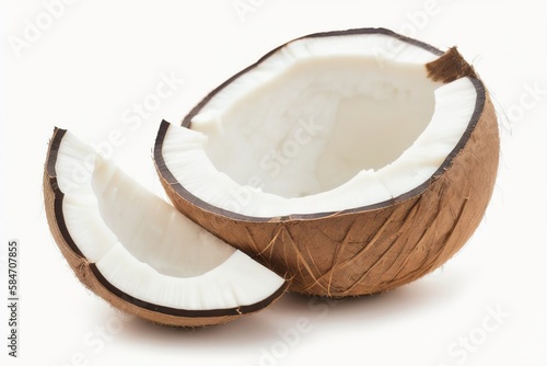 Half of coconut with leaves isolated on white background, Generative AI.