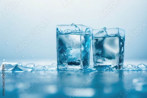 Ice cubes on a blue background, Generative AI.