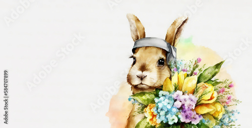 Cute bunny holding spring flowers. Happy easter. Generated AI