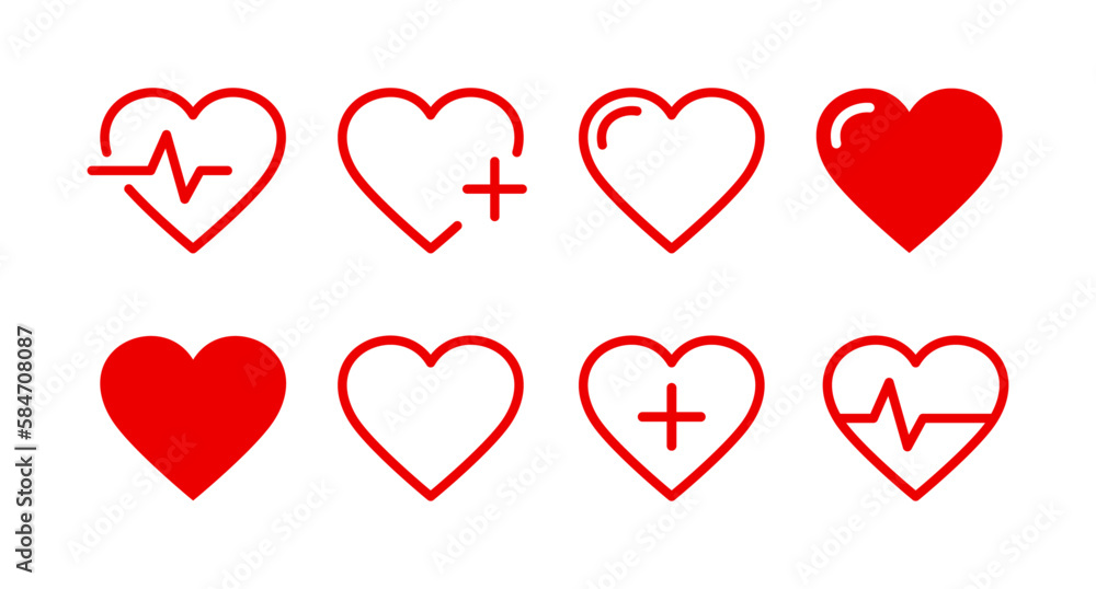 Red heart icons. Heartbeat icon