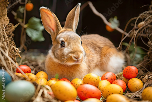 Easter Bunny with many colorful easter eggs