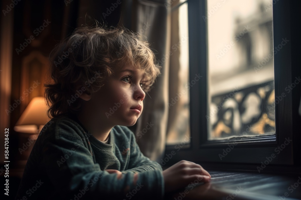 Sad adorable boy looking at the window Sad adorable boy looking at the window
