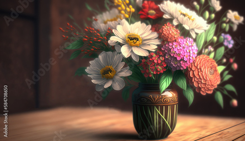 Wallpaper Mural Beautiful bouquet standing in brown vase on on wooden table background. Red, white, pink garden colorful flowers. Greeting card concept, copy space ror text. AI generative Torontodigital.ca
