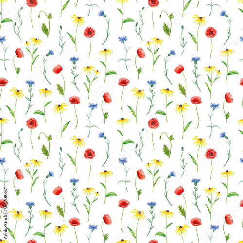Watercolor wild flowers seamless pattern. Hand drawn poppy, aster and cornflower pattern