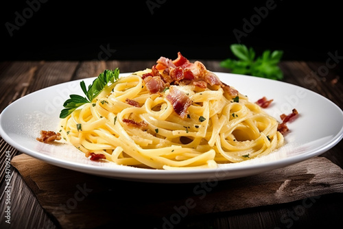 Spaghetti with sauce and basil, pasta carbonara, AI generation