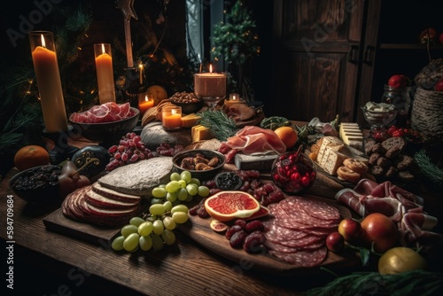 Charcuterie table scenario for Christmas with a dark wood backdrop. appetizers with a variety of meat and cheese. arrangements with a Christmas tree, wreath, and candy canes. Generative AI
