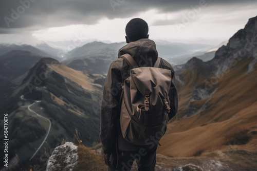 Black male traveler with backpack standing on peak in mountains and exploring landscape, rear view. Hike, journey, active lifestyle, tourism concept. Generative AI