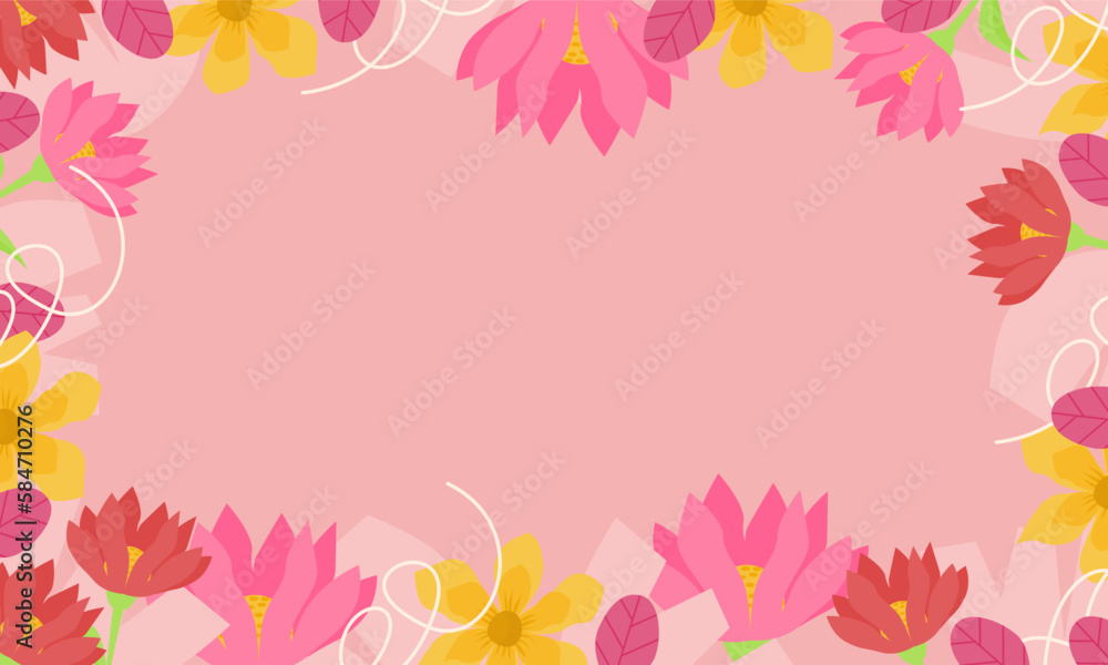 Hand drawn flower with organic shapes background. Colorful flowers isolated pink background with copy spaces.