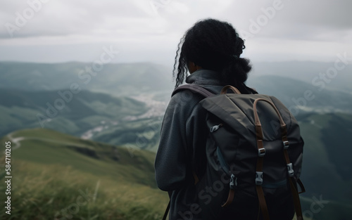 Unrecognizable black female traveler with backpack walking on top of hill in mountains, rear view. Hike, travel, active lifestyle, tourism, trip concept. Generative AI