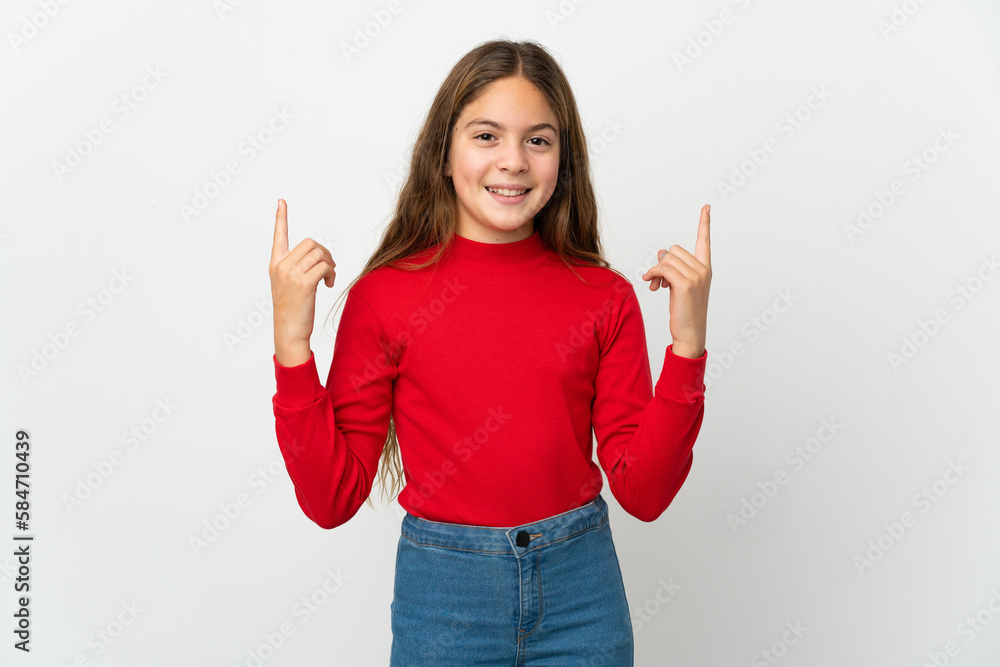 Little girl over isolated white background pointing up a great idea Little girl over isolated white background pointing up a great idea