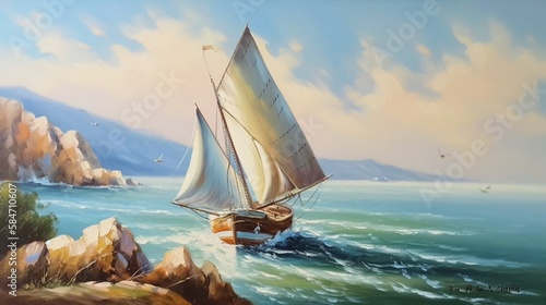 キャンバスに描かれた油絵、海を背景としたヨットGenerativeAI