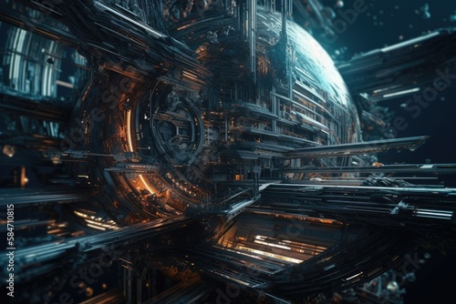 abstract space station design in a fantasy creative future wave of dark hue. Generative AI