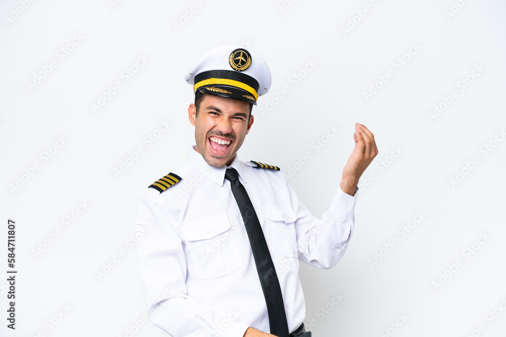 Airplane pilot over isolated white background making guitar gesture