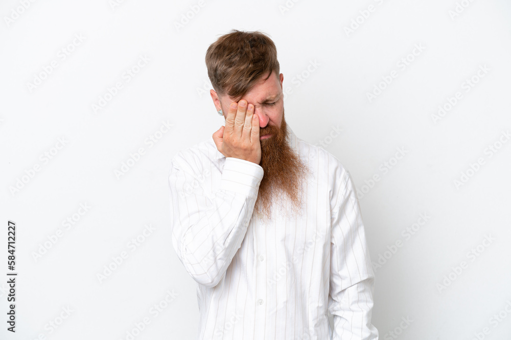Redhead man with long beard isolated on white background with headache Redhead man with long beard isolated on white background with headache