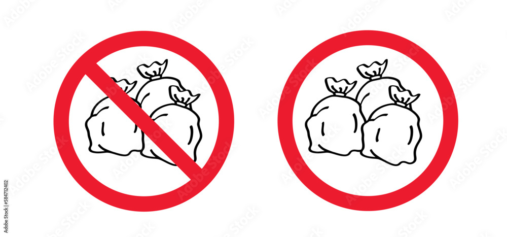 It is forbidden to place garbage bags here. Do not plastic bag pile. Stop, no dustbin, garbage bag on street. Rubbish can and plastic bag. Garbage can or bags, trash can. Trash bin or dust bin symbol. It is forbidden to place garbage bags here. Do not plastic bag pile. Stop, no dustbin, garbage bag on street. Rubbish can and plastic bag. Garbage can or bags, trash can. Trash bin or dust bin symbol.