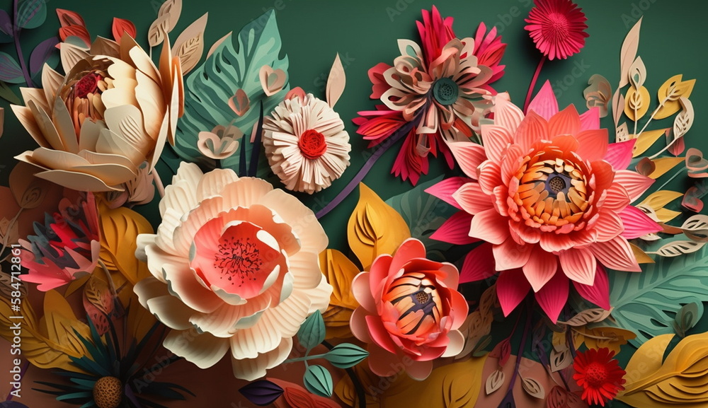 Colorful Flowers with Paper Layering Style Art. Based on Generative Ai.
