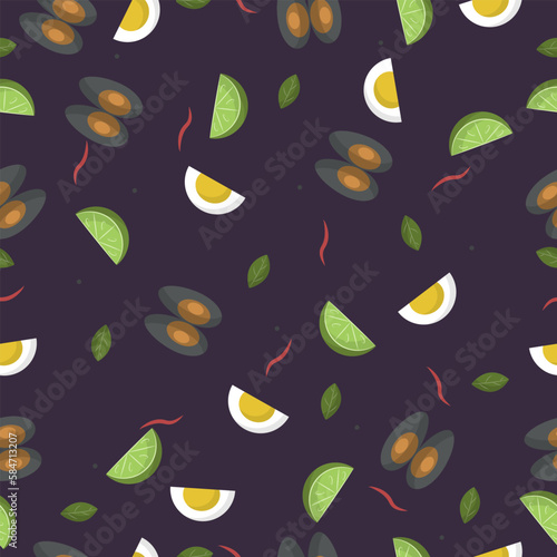 Seamless pattern with ingredients for tom yam. Illustration on the theme of asian cuisine