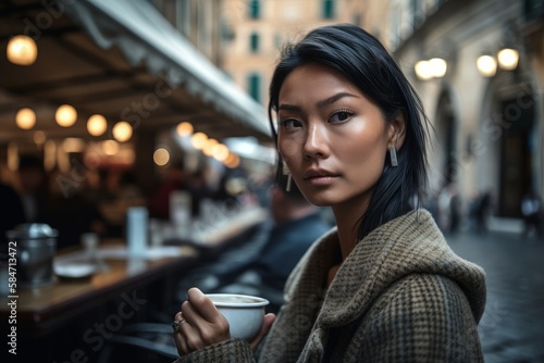 handsome asian girl with coffee at the street cafe