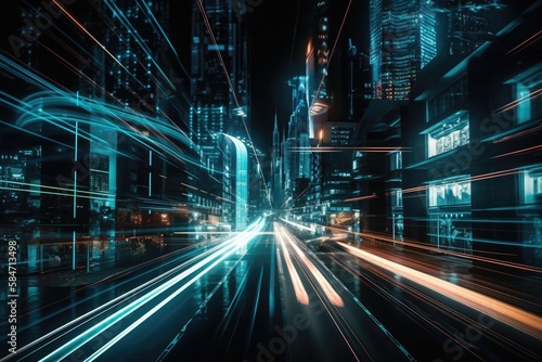 In a megacity at night, warp speed in a hyperloop with blurred light from skyscrapers. Future technology, financial technology, big data, 5G fast network, and machine learning concept. Generative AI