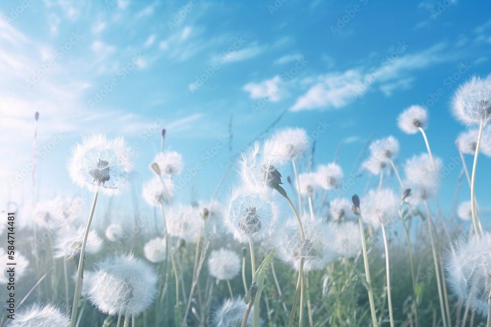 Soft and Serene: Blue Aerial Background with Fluffy Dandelions for Summer. Generative AI. Soft and Serene: Blue Aerial Background with Fluffy Dandelions for Summer. Generative AI.