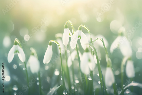 The Arrival of Spring: A Delicate Background Featuring Snowdrops and Sunlight. Generative AI.