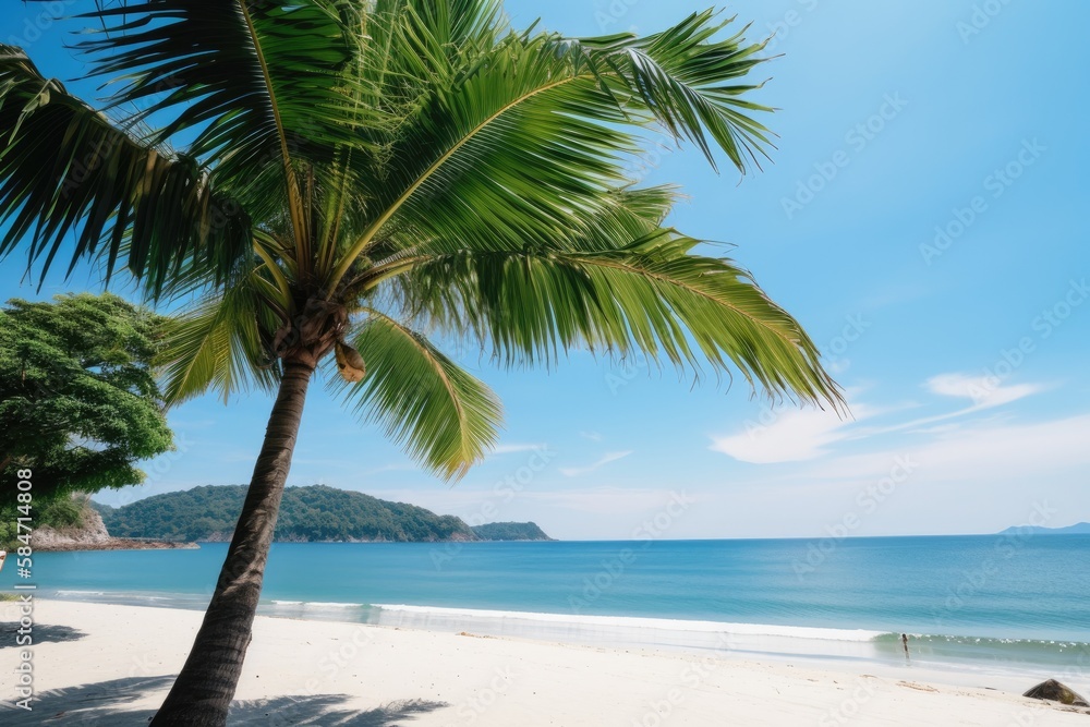 A tropical beach, blue sea, white fluffy clouds, and green leaves of a palm tree serve as the backdrop for a summer vacation. Generative AI