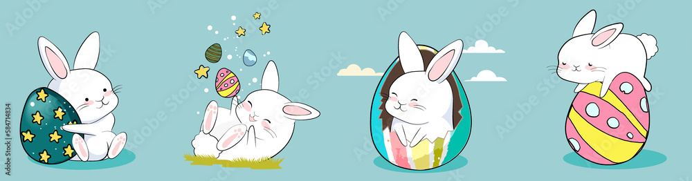 Obraz premium Happy Easter, decorated easter card, banner. Bunnies, Easter eggs, flowers and basket. Folk style patterned design