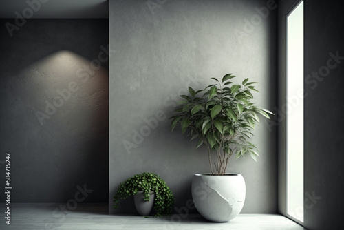 The background of the room's interior features a gray stucco wall and a potted plant. AI © Usmanify