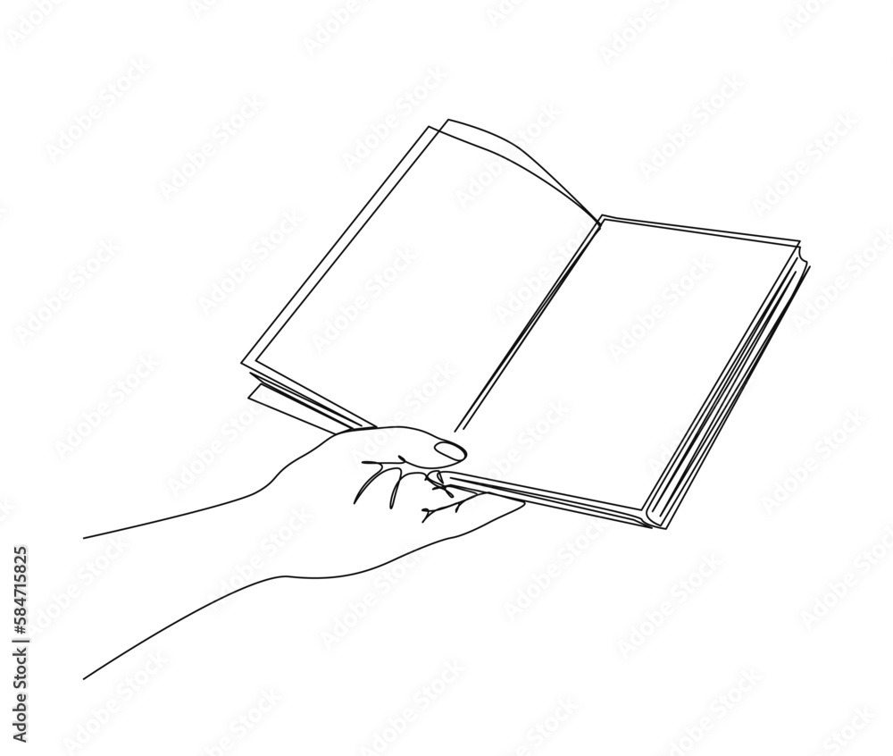 Continuous one line drawing of hand holding book. Hand holds open book line art vector illustration. Continuous one line drawing of hand holding book. Hand holds open book line art vector illustration.