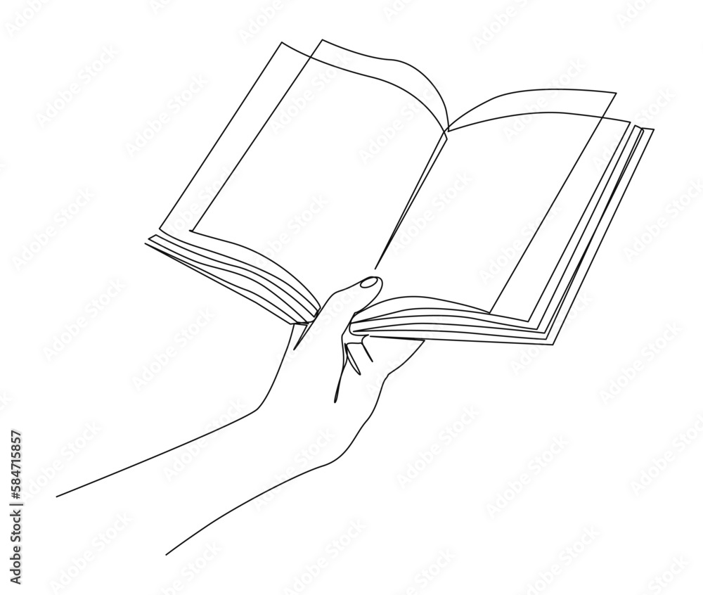 Vetor de Continuous one line drawing of hand holding book. Reading book