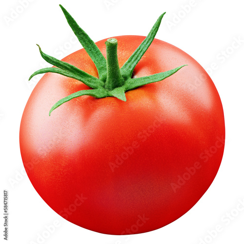 Ripe fresh red tomato with green leaf isolated on transparent background. Full Depth of Field