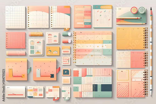School or office mockup with blank paper sheets with pins and sticky tape, letter and calendar template, vector realistic set
