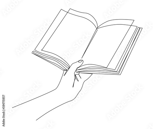 Continuous one line drawing of hand holding book. Reading book line art vector illustration.