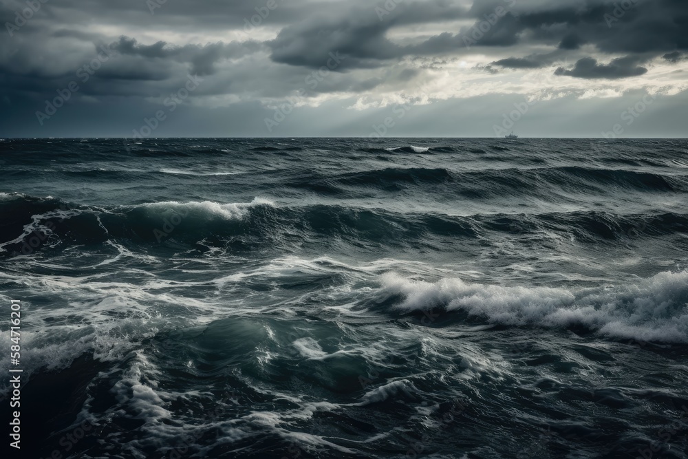 Fototapeta premium sea wave and ominous clouds in the distance. Generative AI
