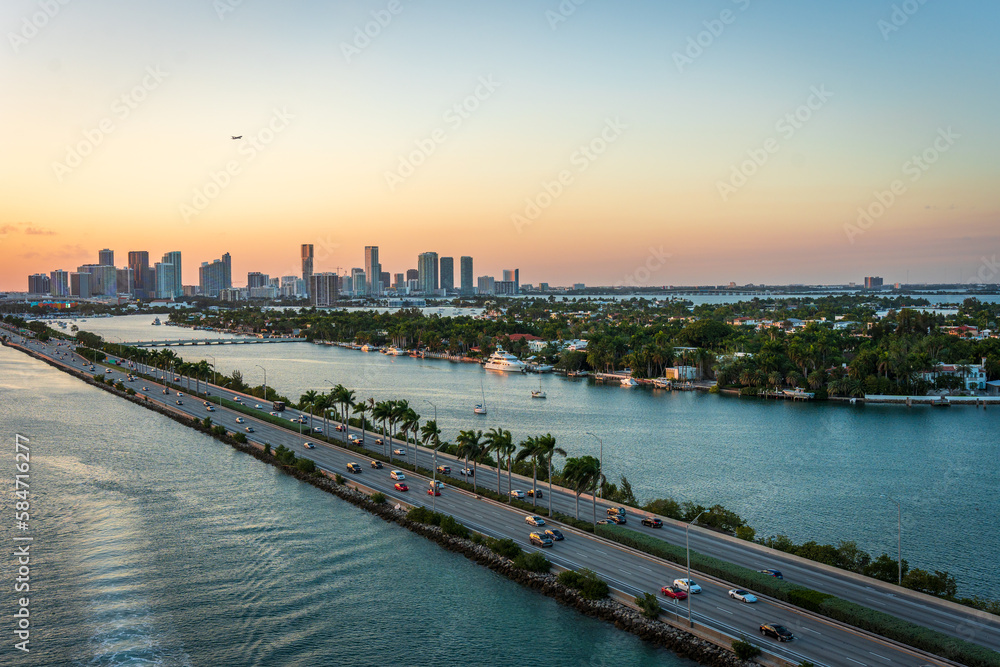 Miami skyline at sunset from the Port of Miami