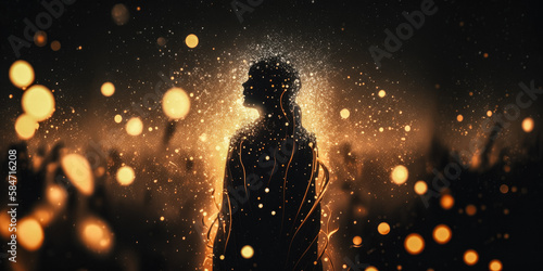 People silhouettes at abstract bokeh background. Human soul. Astral body, esoteric and spiritual life concept. Generative AI