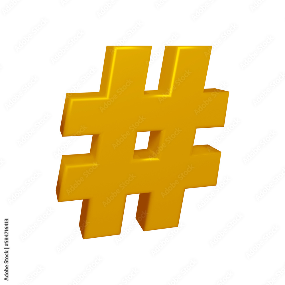 Obraz premium Golden hashtag symbol or icon design in 3d rendering