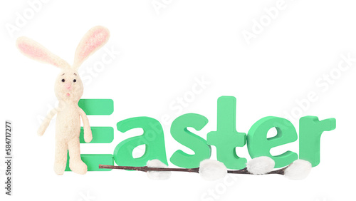 Funny Easter card. The word "Easter" from green wooden letters, toy Easter bunny and a branch of willow, front view.  © Flena_13