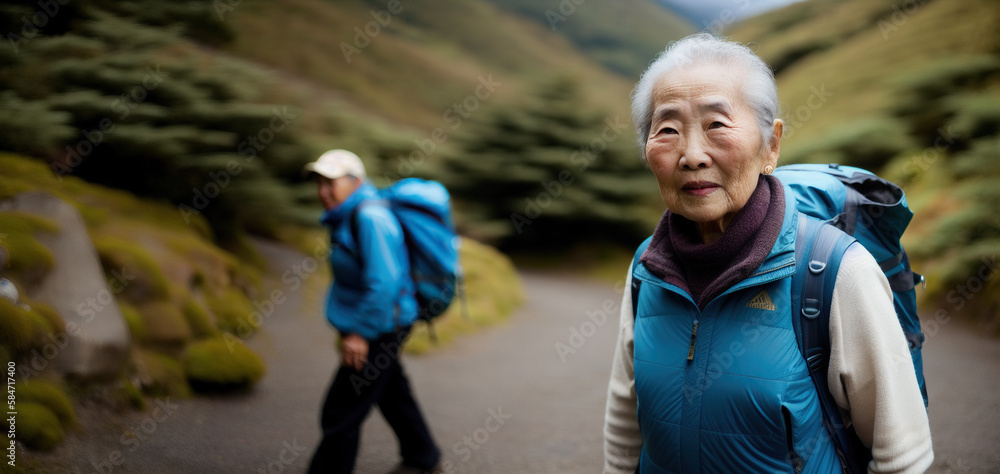 Japanese Seniors Backpacking and Hiking up a Trail to Mount Fuji in ...