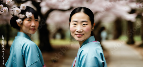 Young Japanese Women At Beautiful Cherry Blossom Park Located in Japan Generative AI Photo