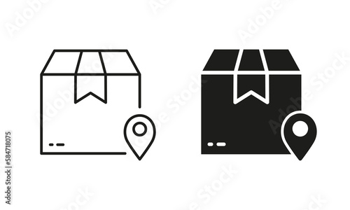 Parcel Box Point on Shipping Map Geolocation Silhouette and Line Icon Set. Order Delivery Location. Local Package Transportation Icon. Pin Location Editable Stroke. Isolated Vector Illustration