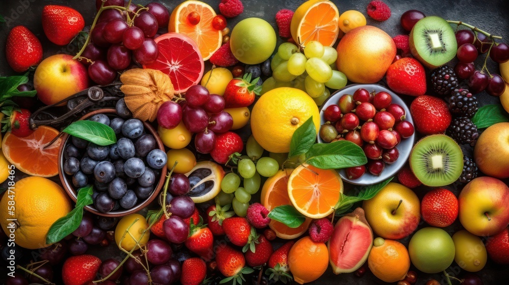 Assortment of healthy raw fruits and berries, generative ai Assortment of healthy raw fruits and berries, generative ai