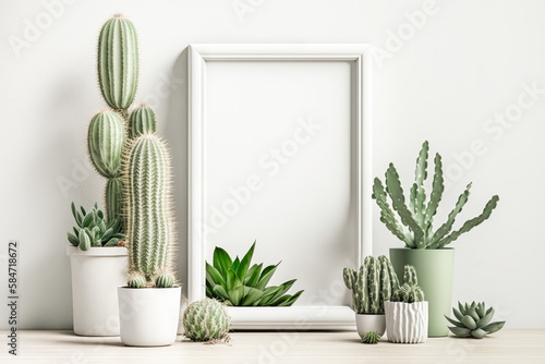 White empty frame mockup with green plants on empty white neutral wall background. Generative AI.