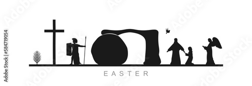Easter, set of icons on a white background. A palm branch, a cross, a Roman soldier, a cave, Jesus Christ, Mary and an angel.