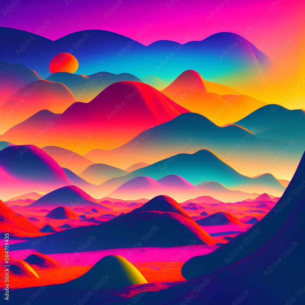Gorgeous abstract colorful space landscape. Hills during the birth of the alien sun - generative ai