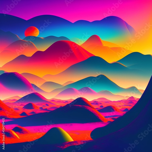 Gorgeous abstract colorful space landscape. Hills during the birth of the alien sun - generative ai