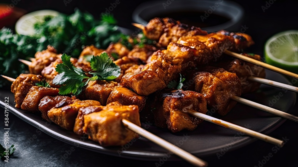 Indonesian tempeh satay/grilled tempeh served with chili sauce, Generative AI