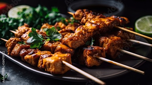 Indonesian tempeh satay/grilled tempeh served with chili sauce, Generative AI