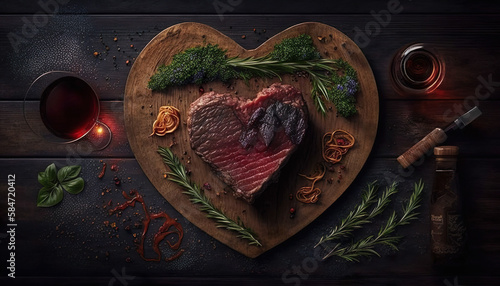 Photo Beef Steaks Heart Shape And Spices On Wooden Background - Generative AI