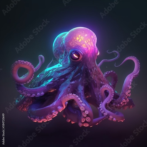 3d Octopus catoon, glowing, neon, mystic sea